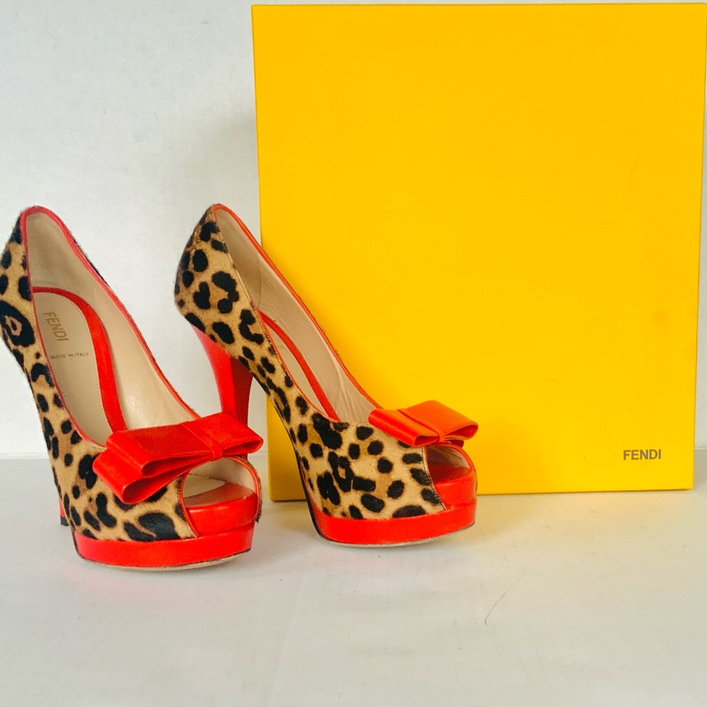 Fendi red beige black ponyhair heels with bow  38